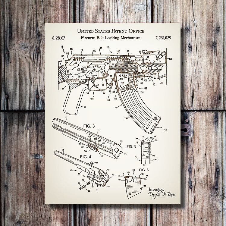AK-47 Rifle Patent Art Wooden Sign | Laser Engraved Wall Art