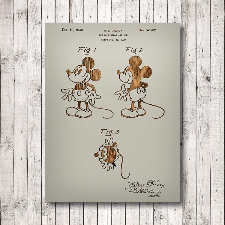 Walt Disney's Mickey Mouse Patent Art Wooden Sign | Laser Engraved